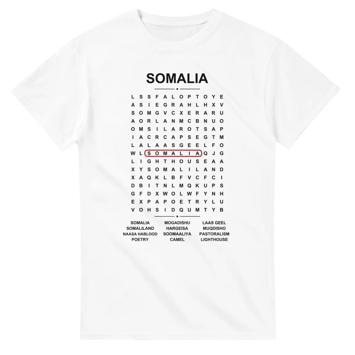 Word-search sheet for Somalia, with a large place-name heading, a letter grid, a local answer list, and a red highlighted example word.