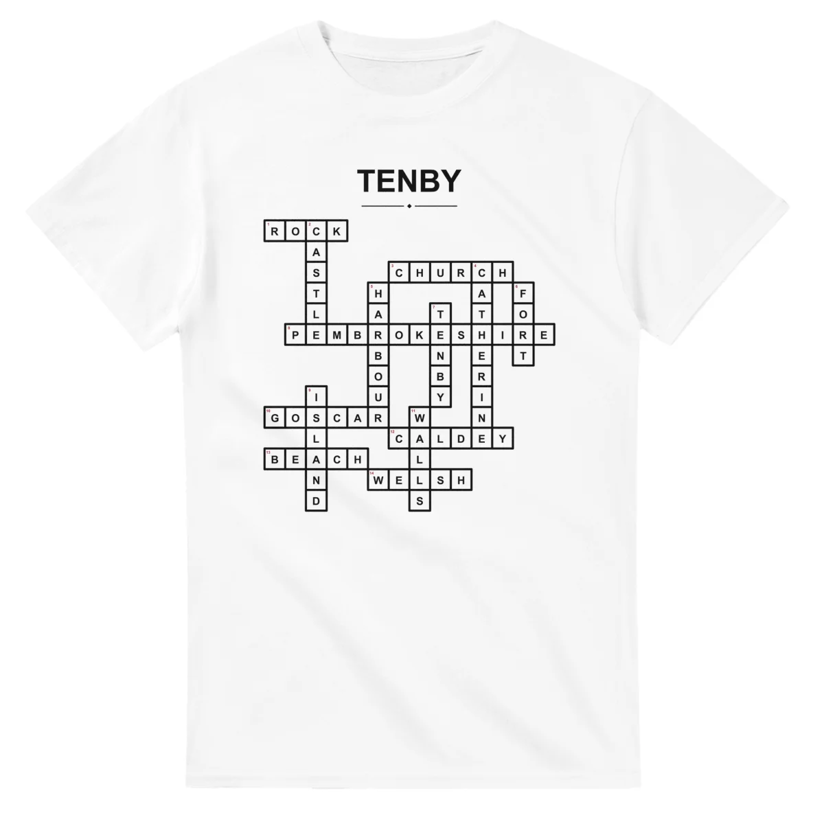 Monochrome crossword sheet for Tenby, with a large place-name heading, a letter grid, and numbered across and down clues.