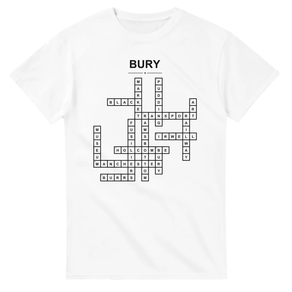 Monochrome crossword sheet for Bury, with a large place-name heading, a letter grid, and numbered across and down clues.