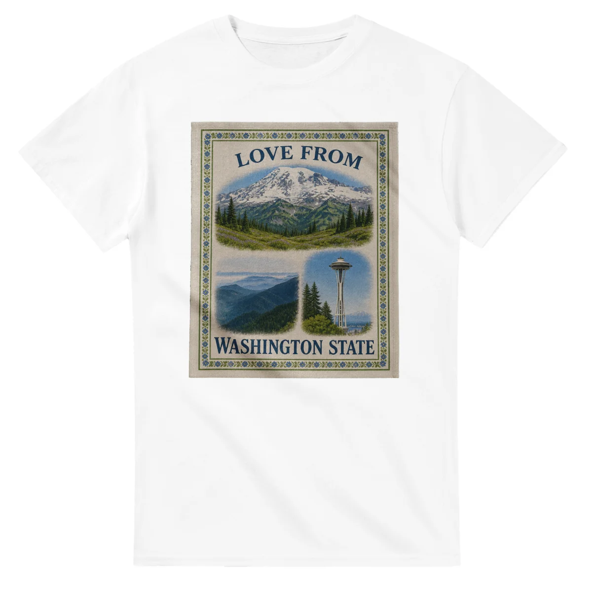 Framed scenic design for Washington State, with several local views, a decorative border and LOVE FROM lettering.