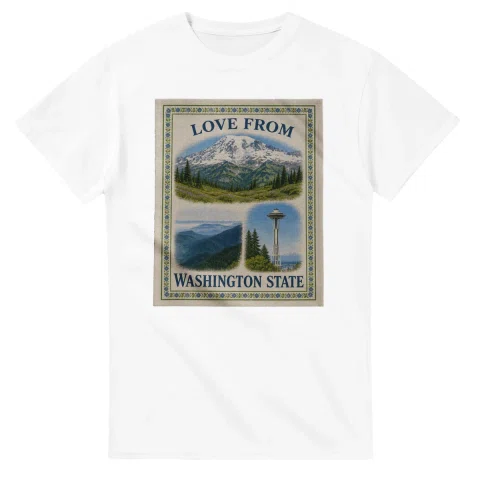 Framed scenic design for Washington State, with several local views, a decorative border and LOVE FROM lettering.