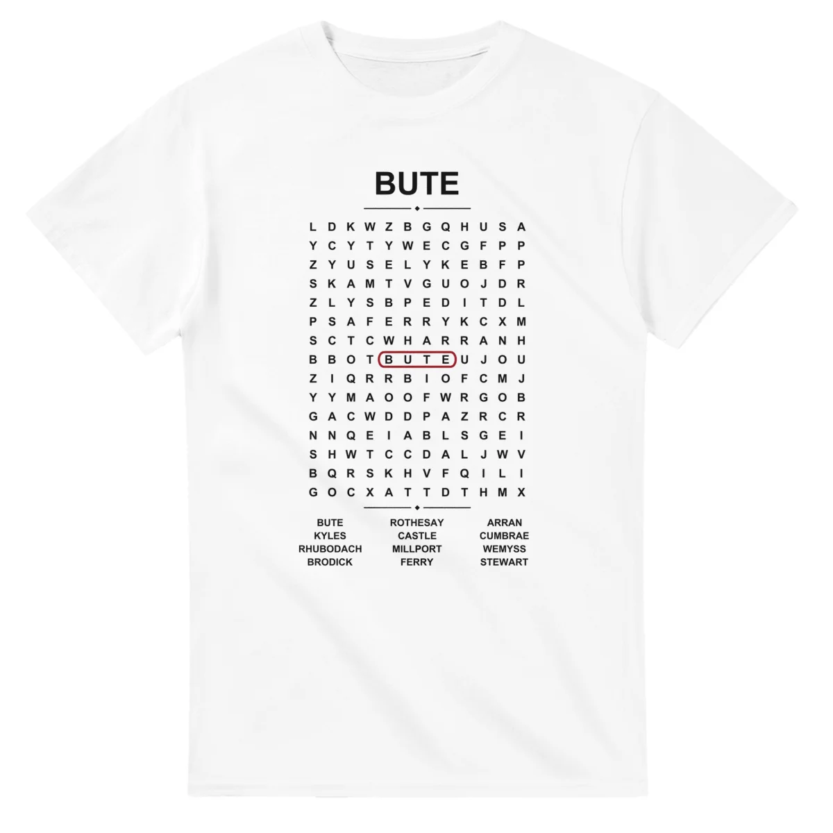 Word-search sheet for Bute, with a large place-name heading, a letter grid, a local answer list, and a red highlighted example word.