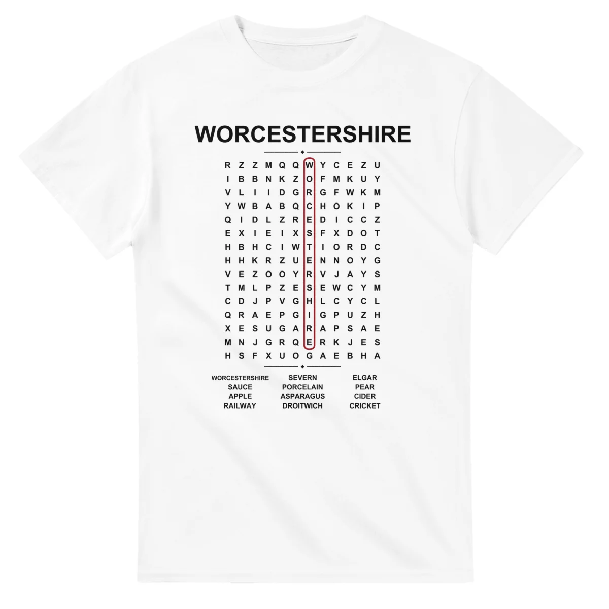 Word-search sheet for Worcestershire, with a large place-name heading, a letter grid, a local answer list, and a red highlighted example word.