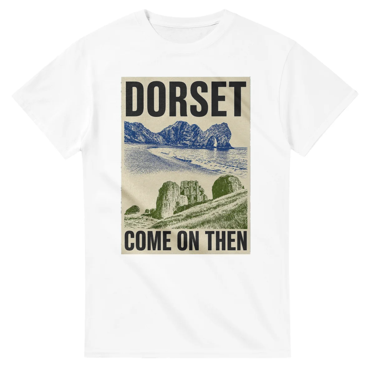 Two-colour scenic illustration for Dorset, with the place name and COME ON THEN lettering.
