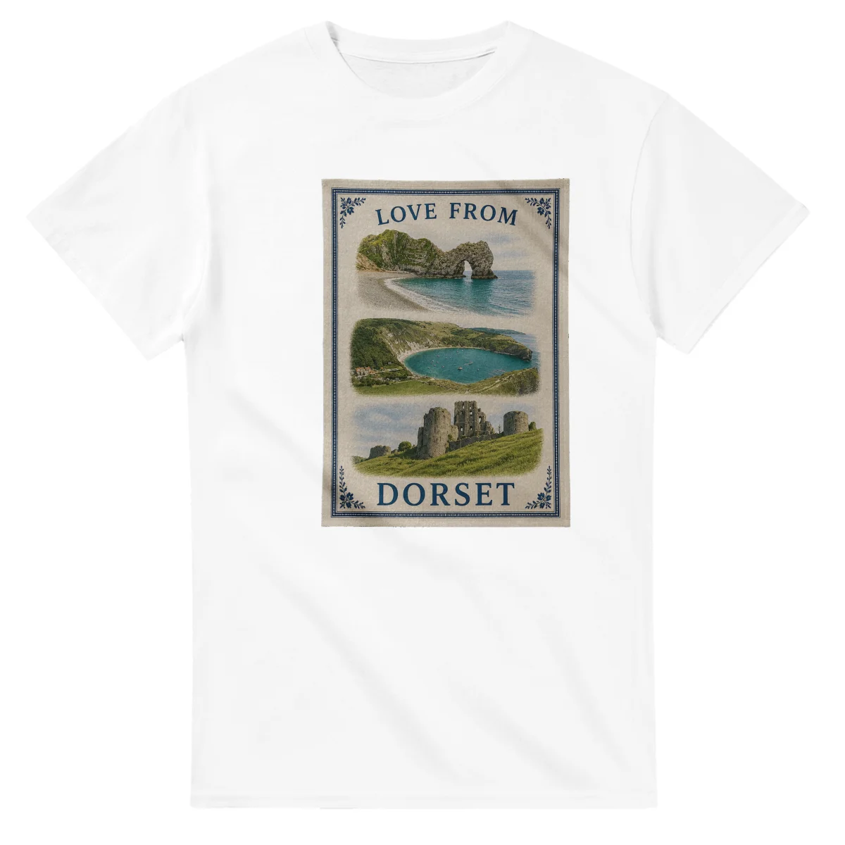 Framed scenic design for Dorset, with several local views, a decorative border and LOVE FROM lettering.