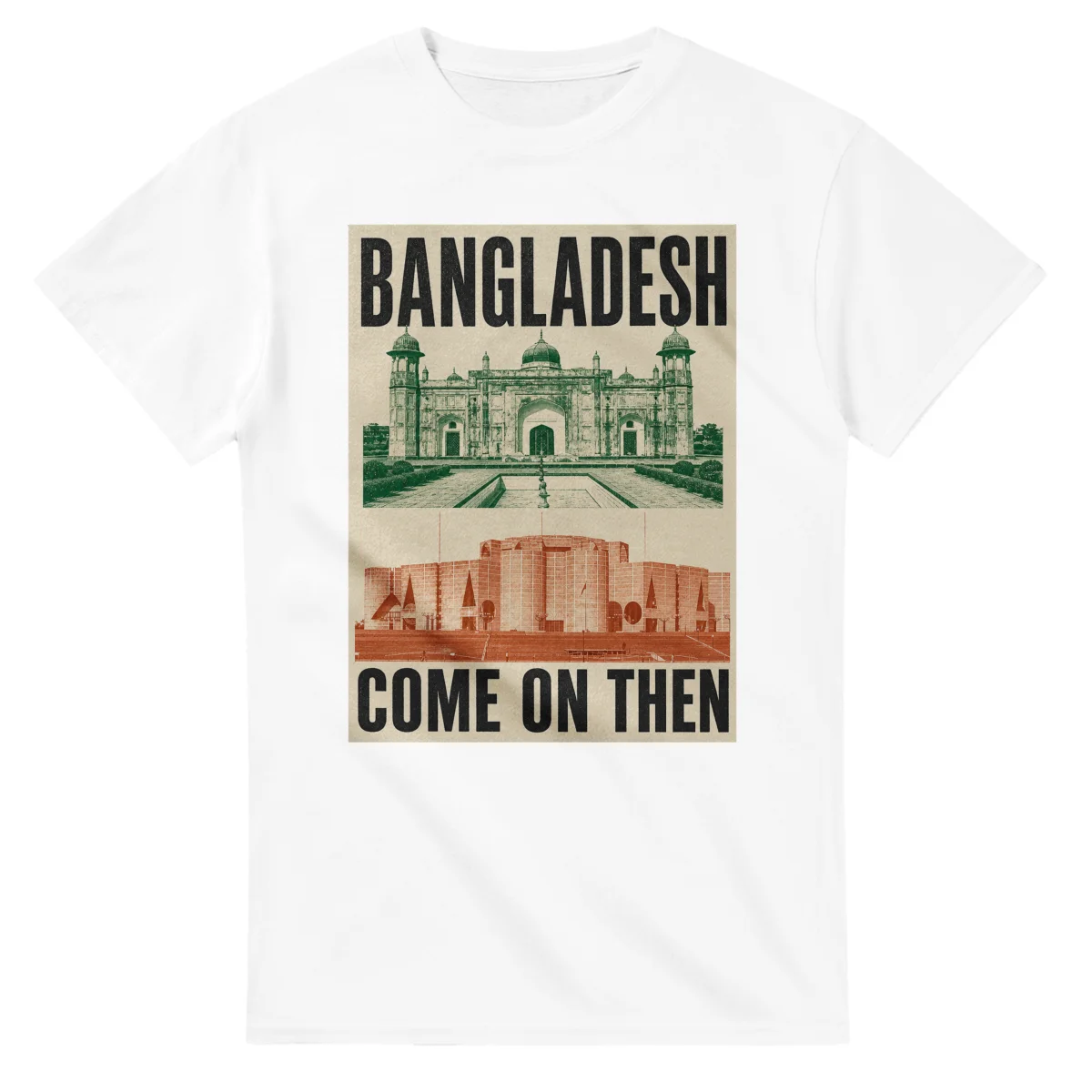 Two-colour scenic illustration for Bangladesh, with the place name and COME ON THEN lettering.