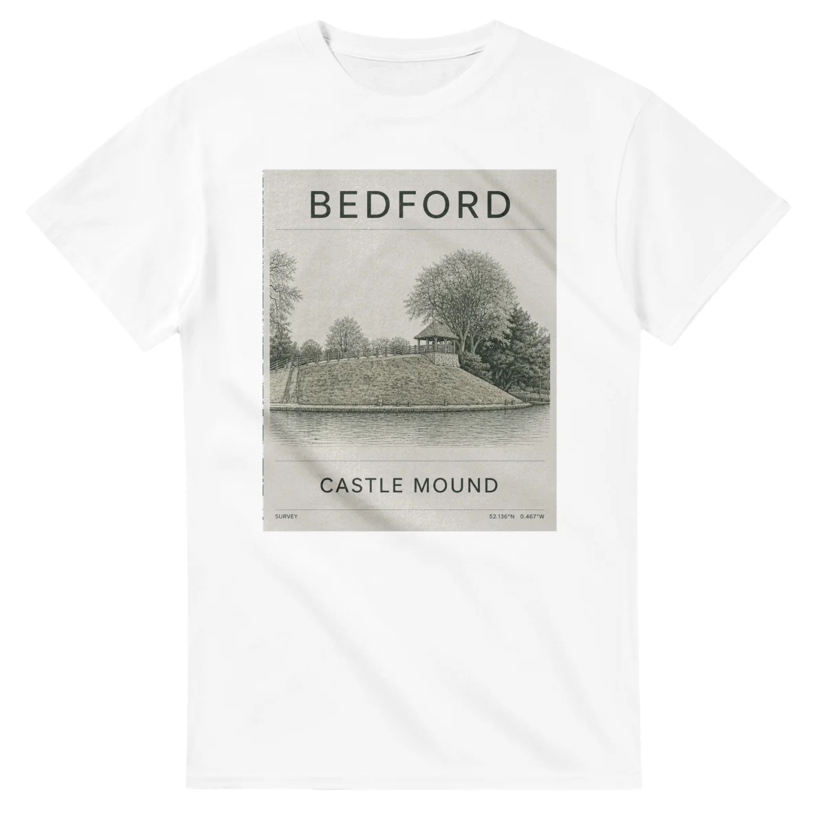 Fine-line engraving-style drawing for Bedford, with a landmark caption and small coordinate text.