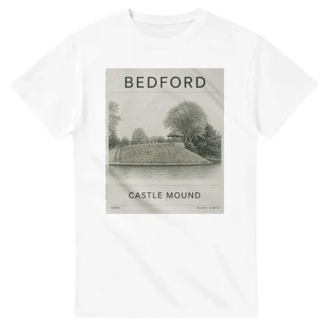 Fine-line engraving-style drawing for Bedford, with a landmark caption and small coordinate text.