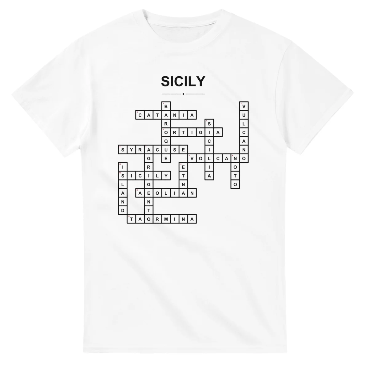 Monochrome crossword sheet for Sicily, with a large place-name heading, a letter grid, and numbered across and down clues.