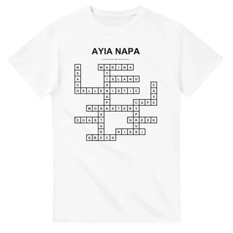 Monochrome crossword sheet for Ayia Napa, with a large place-name heading, a letter grid, and numbered across and down clues.