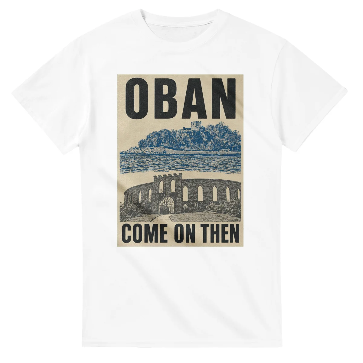 Two-colour scenic illustration for Oban, with the place name and COME ON THEN lettering.
