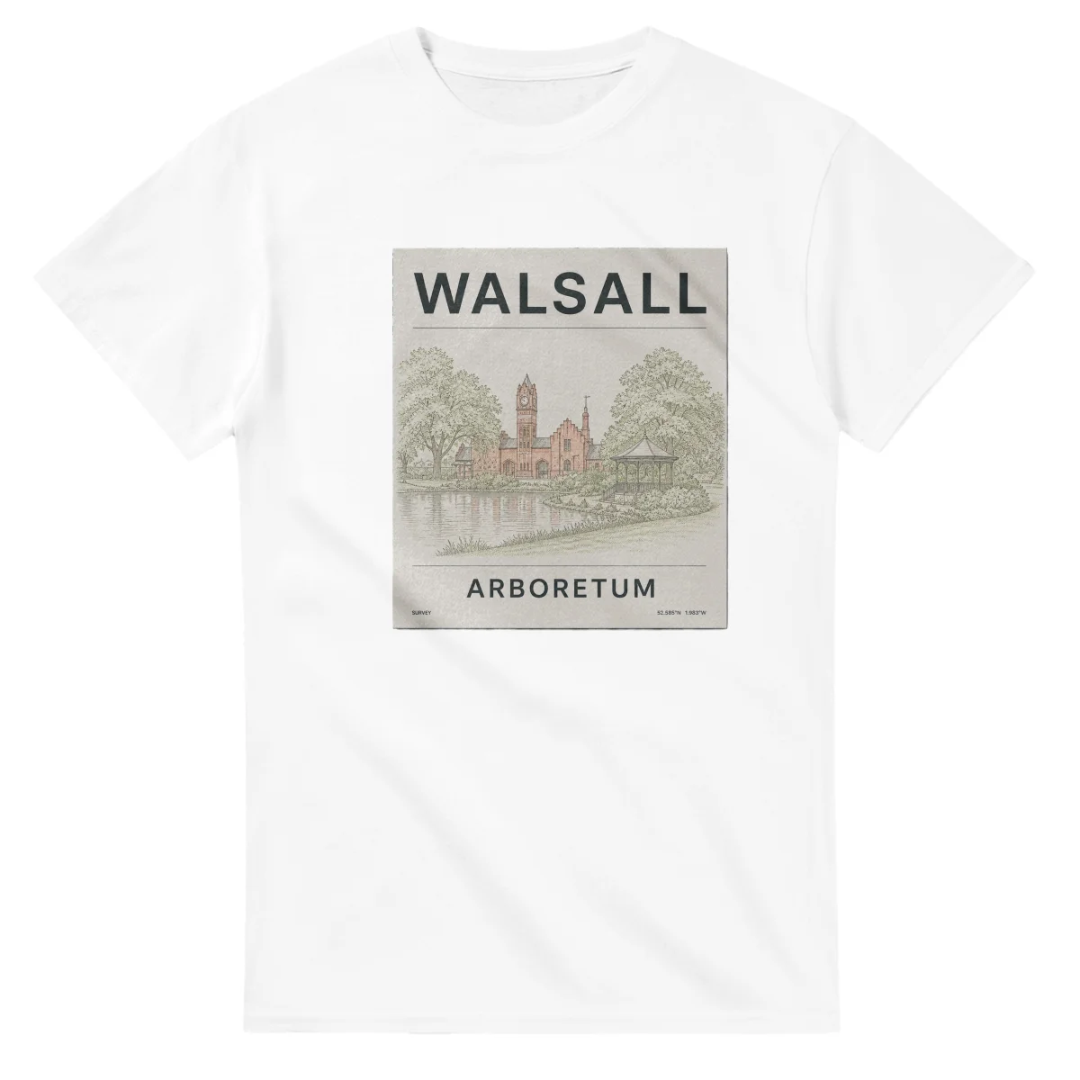 Fine-line engraving-style drawing for Walsall, with a landmark caption and small coordinate text.