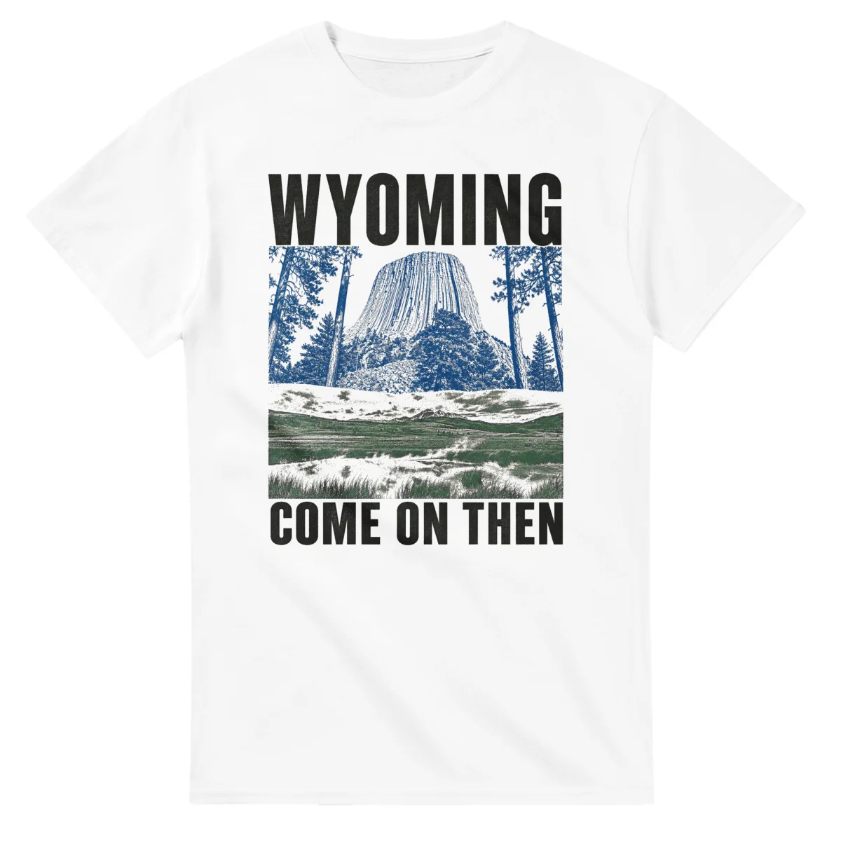 Two-colour scenic illustration for Wyoming, with the place name and COME ON THEN lettering.