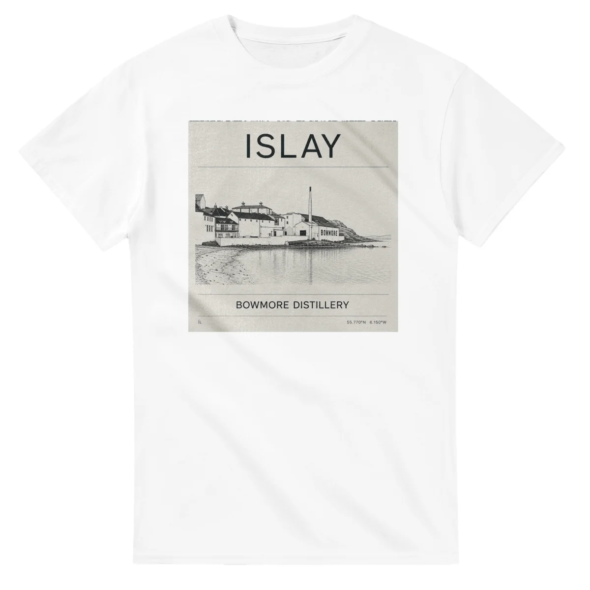 Fine-line engraving-style drawing for Islay, with a landmark caption and small coordinate text.