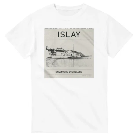Fine-line engraving-style drawing for Islay, with a landmark caption and small coordinate text.