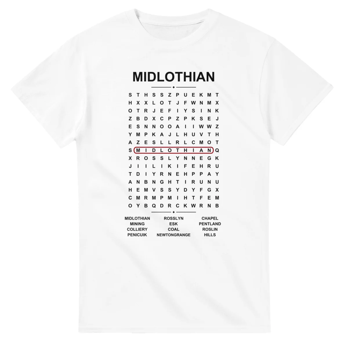 Word-search sheet for Midlothian, with a large place-name heading, a letter grid, a local answer list, and a red highlighted example word.