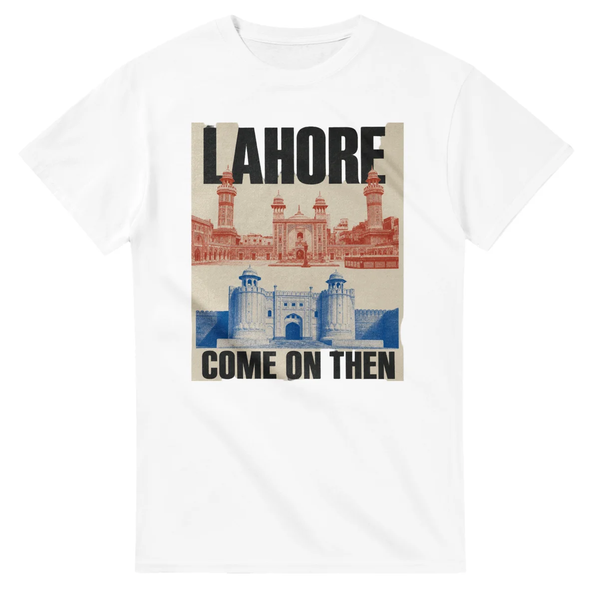 Two-colour scenic illustration for Lahore, with the place name and COME ON THEN lettering.