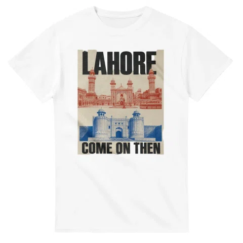 Two-colour scenic illustration for Lahore, with the place name and COME ON THEN lettering.