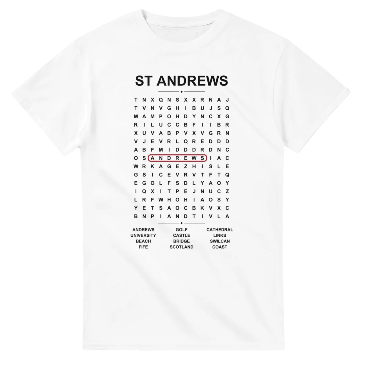 Word-search sheet for St Andrews, with a large place-name heading, a letter grid, a local answer list, and a red highlighted example word.