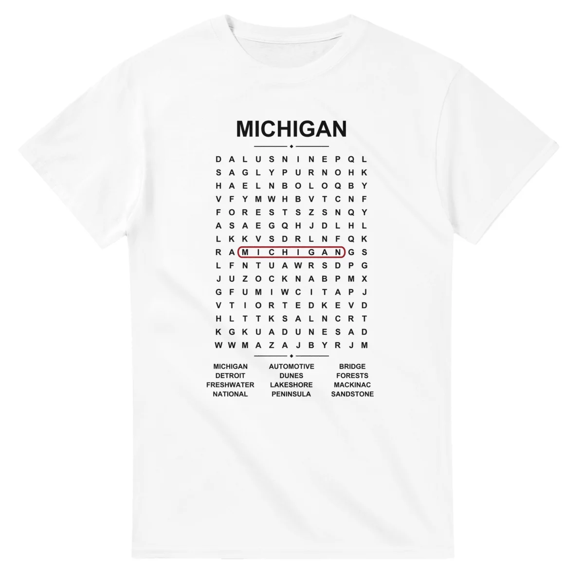 Word-search sheet for Michigan, with a large place-name heading, a letter grid, a local answer list, and a red highlighted example word.