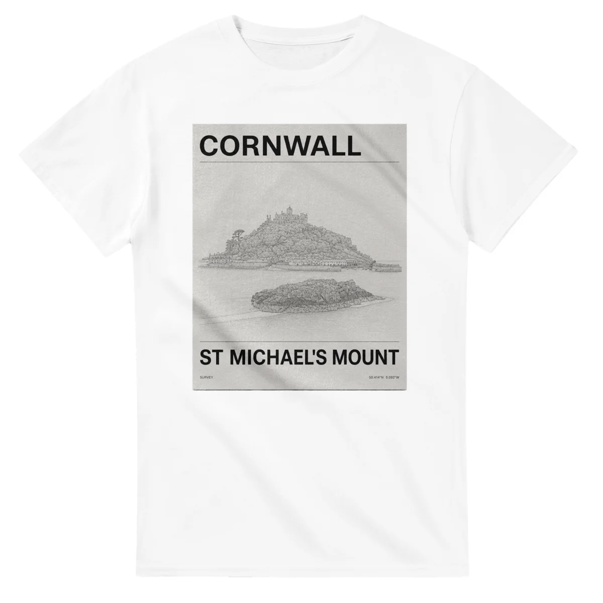 Fine-line engraving-style drawing for Cornwall, with a landmark caption and small coordinate text.