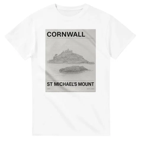 Fine-line engraving-style drawing for Cornwall, with a landmark caption and small coordinate text.