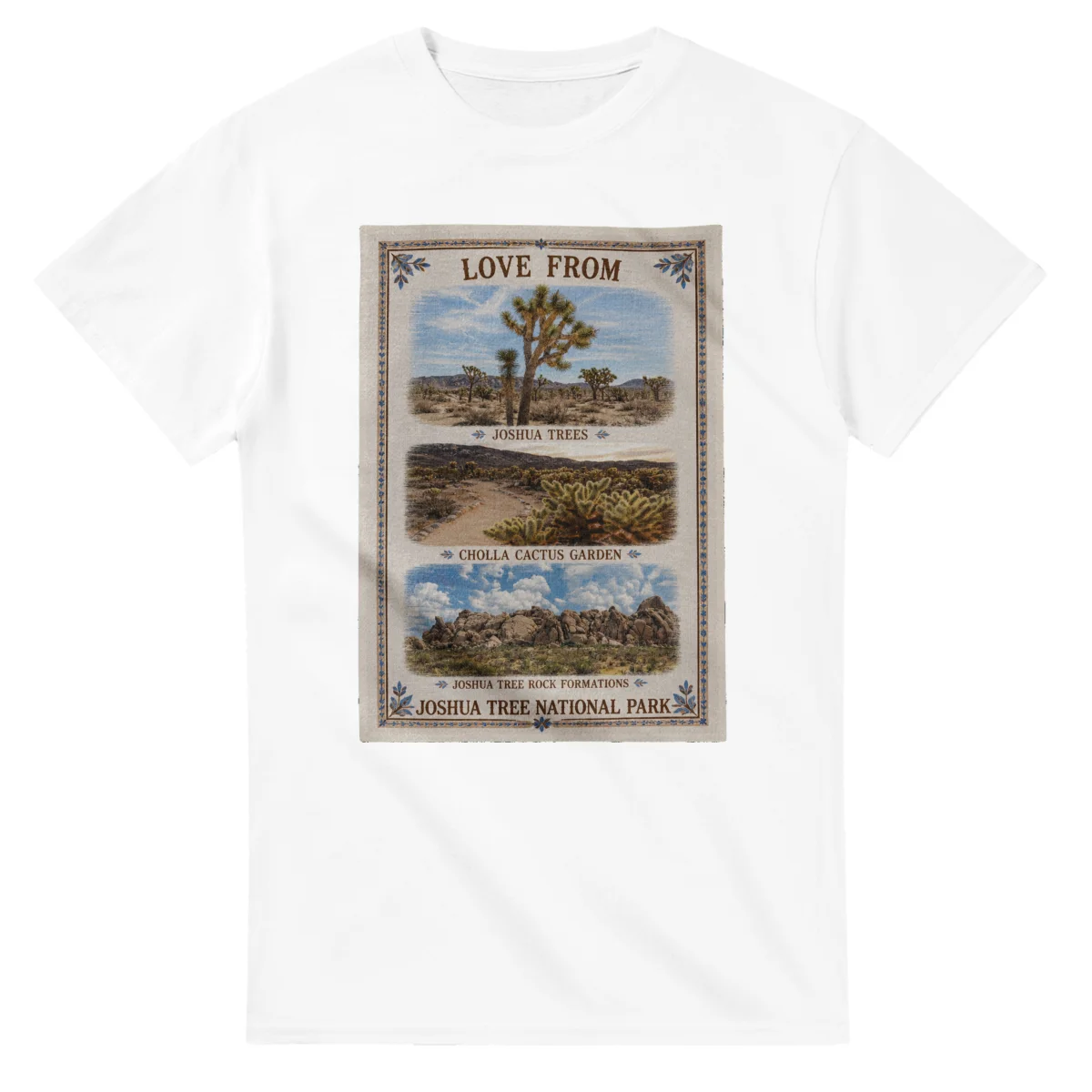 Framed scenic design for Joshua Tree National Park, with several local views, a decorative border and LOVE FROM lettering.