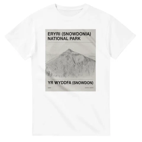 Fine-line engraving-style drawing for Eryri (Snowdonia) National Park, with a landmark caption and small coordinate text.