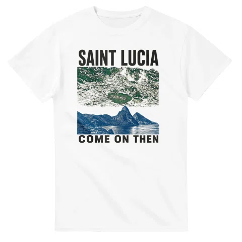 Two-colour scenic illustration for Saint Lucia, with the place name and COME ON THEN lettering.