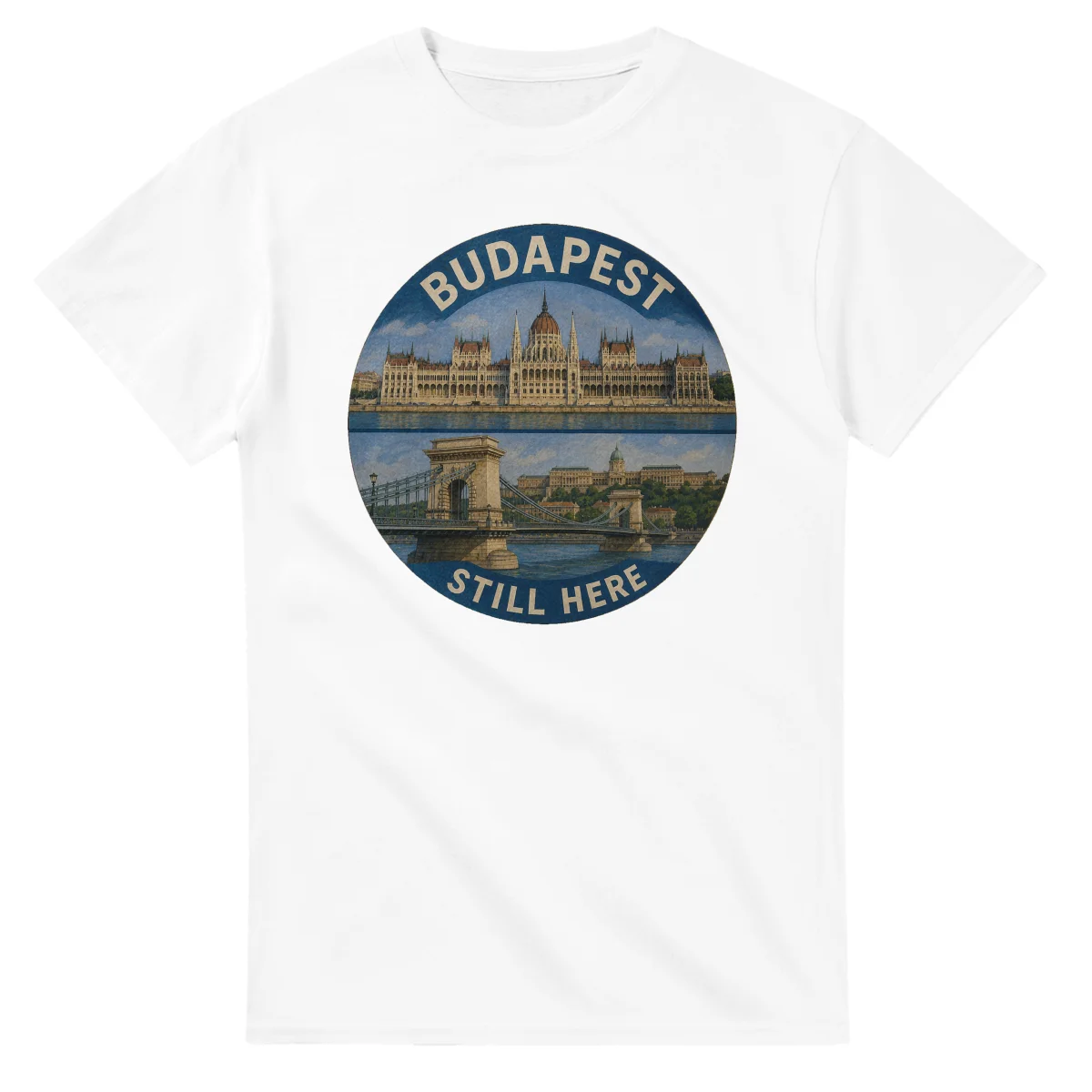 Painted, panelled scenic illustration for Budapest, with paired local scenes and the place name in lettering.