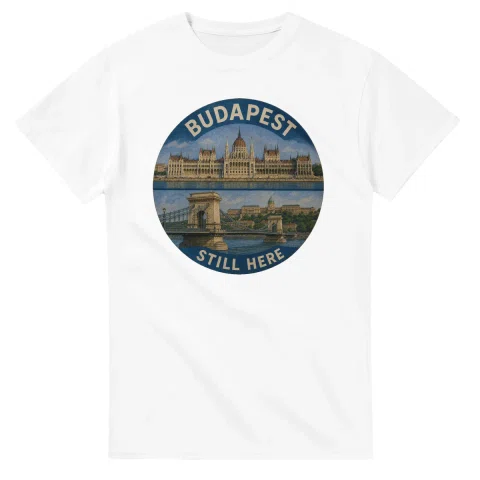 Painted, panelled scenic illustration for Budapest, with paired local scenes and the place name in lettering.