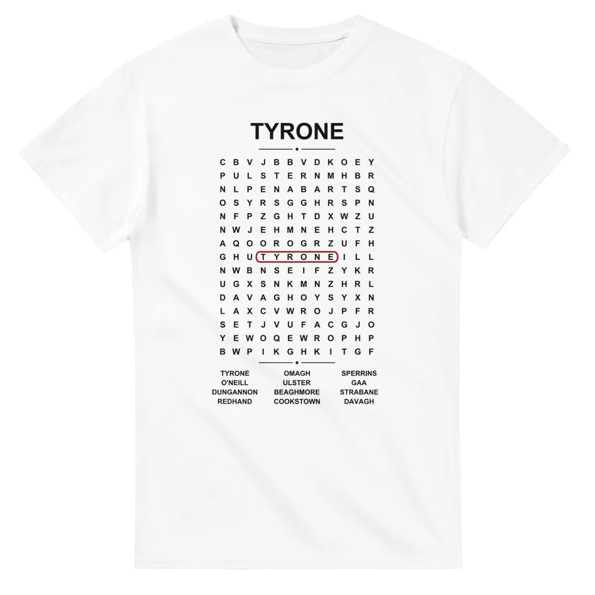 Word-search sheet for Tyrone, with a large place-name heading, a letter grid, a local answer list, and a red highlighted example word.