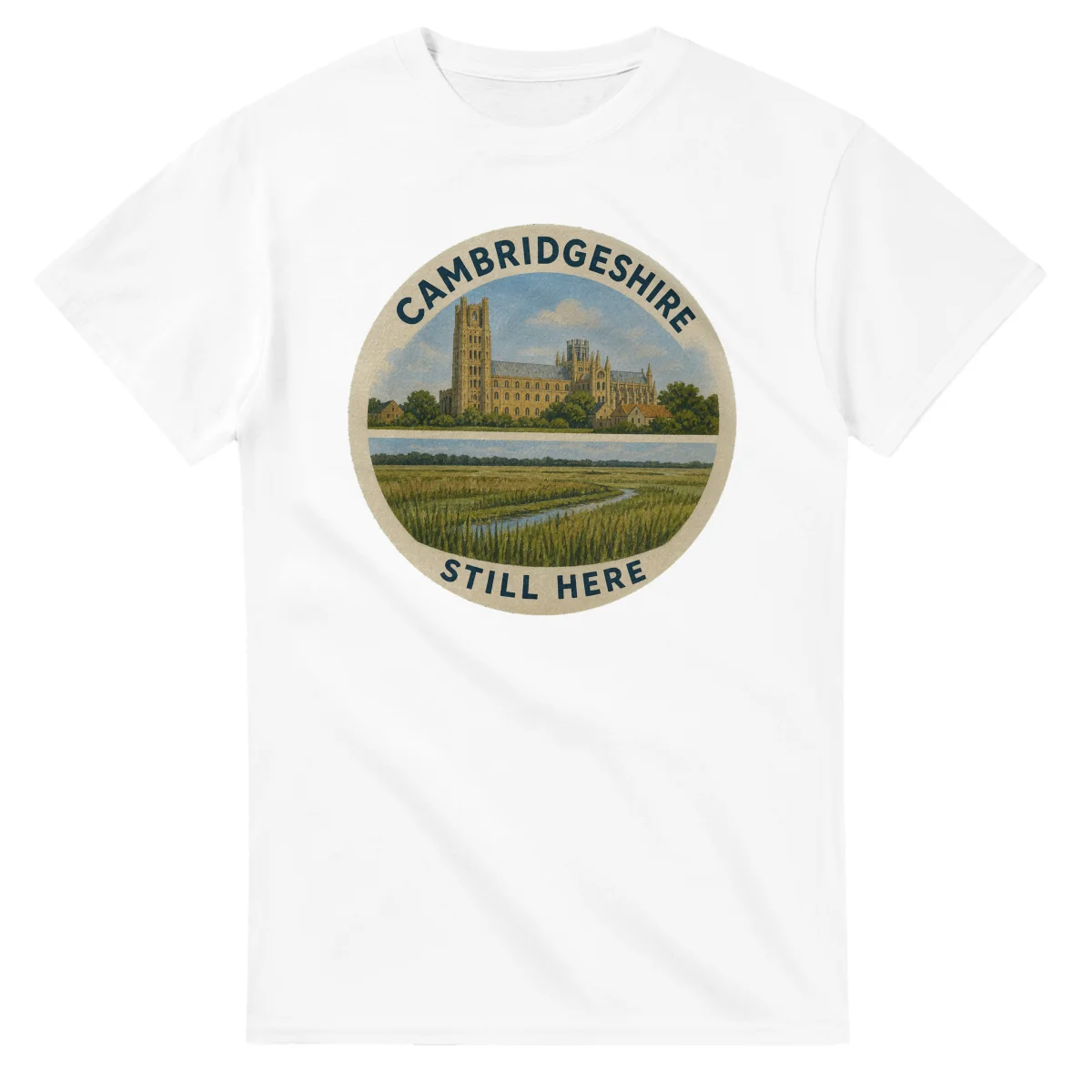Painted, panelled scenic illustration for Cambridgeshire, with paired local scenes and the place name in lettering.
