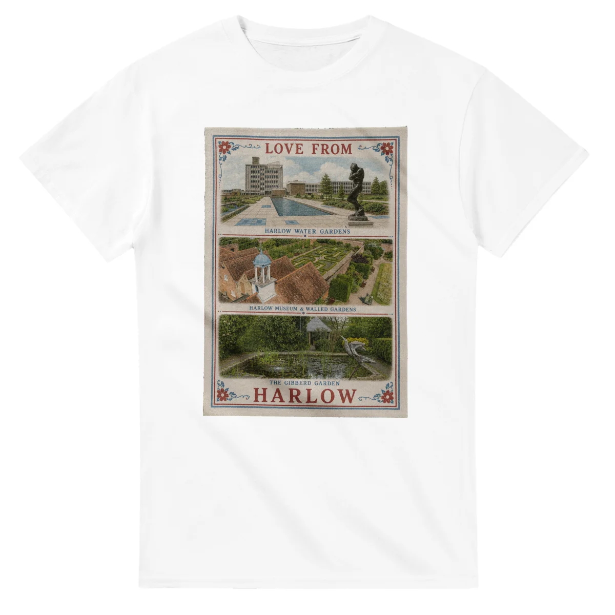Framed scenic design for Harlow, with several local views, a decorative border and LOVE FROM lettering.