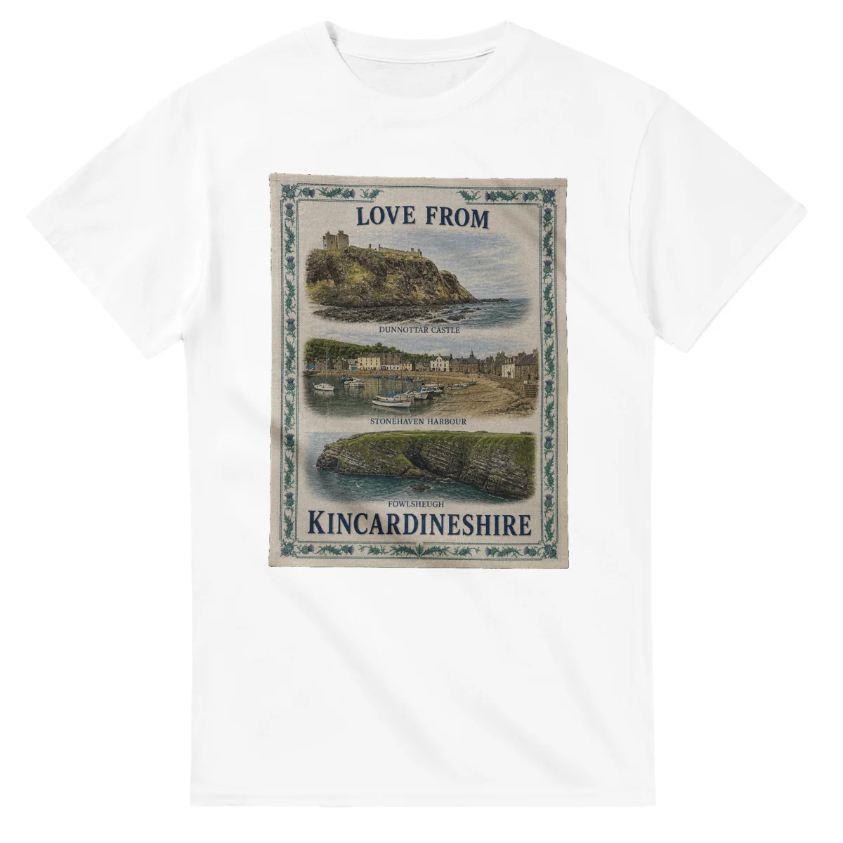 Framed scenic design for Kincardineshire, with several local views, a decorative border and LOVE FROM lettering.