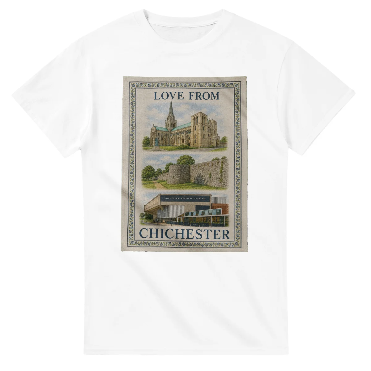 Framed scenic design for Chichester, with several local views, a decorative border and LOVE FROM lettering.