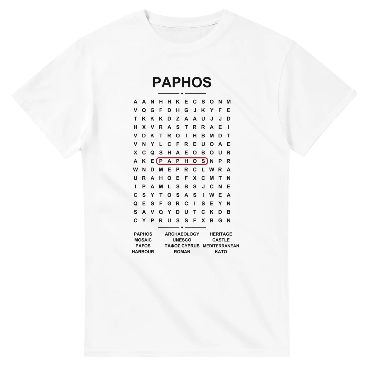 Word-search sheet for Paphos, with a large place-name heading, a letter grid, a local answer list, and a red highlighted example word.