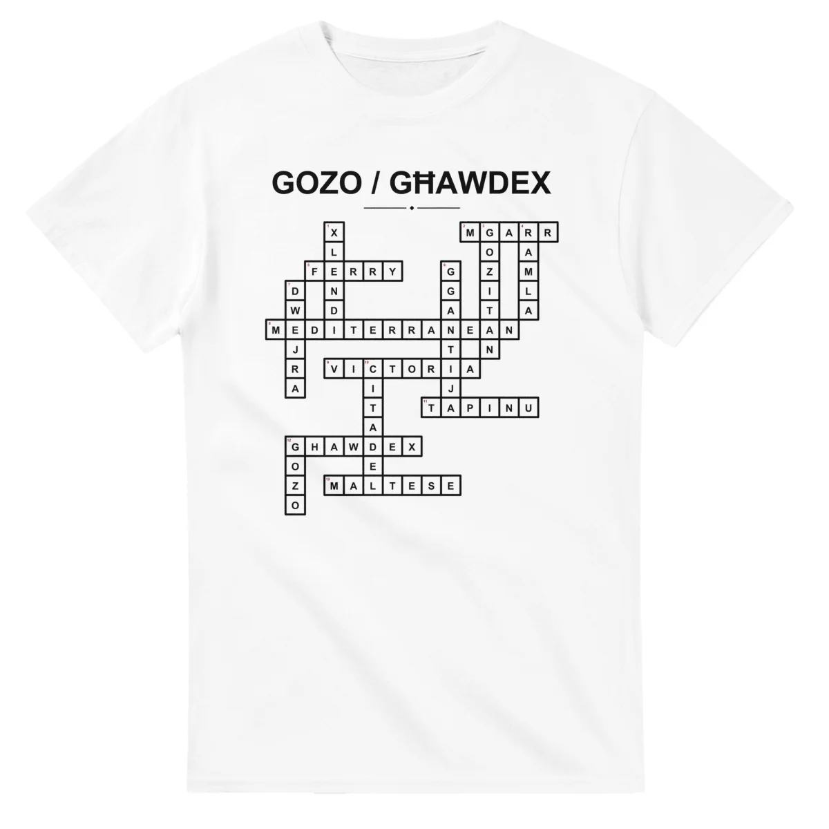 Monochrome crossword sheet for Gozo / Għawdex, with a large place-name heading, a letter grid, and numbered across and down clues.