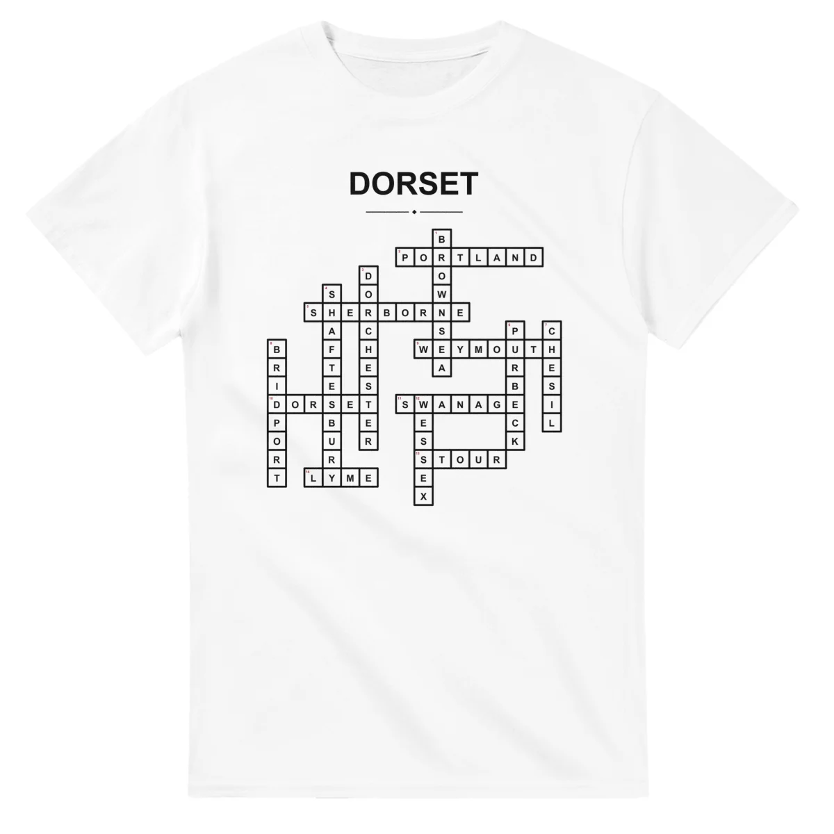 Monochrome crossword sheet for Dorset, with a large place-name heading, a letter grid, and numbered across and down clues.
