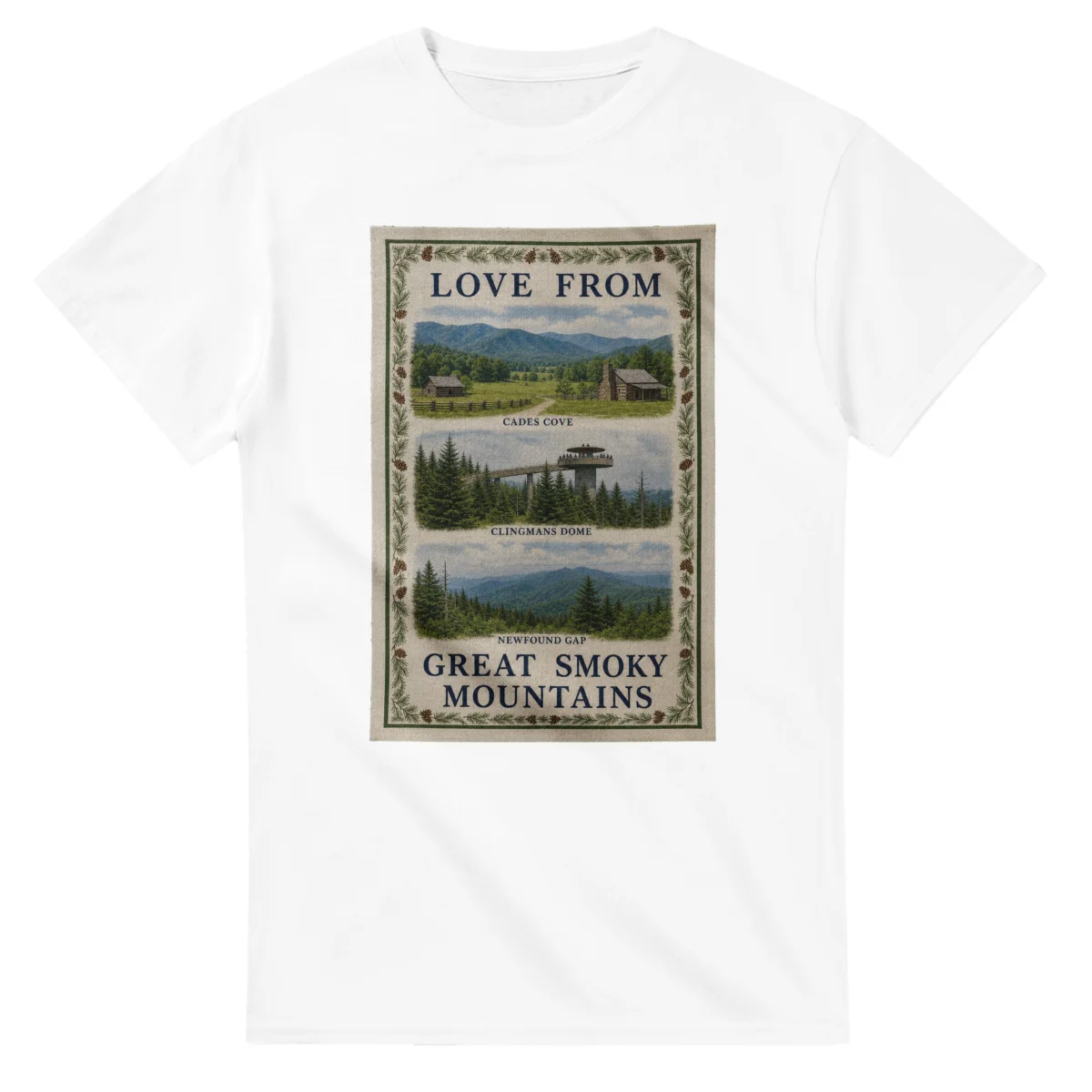 Framed scenic design for Great Smoky Mountains, with several local views, a decorative border and LOVE FROM lettering.