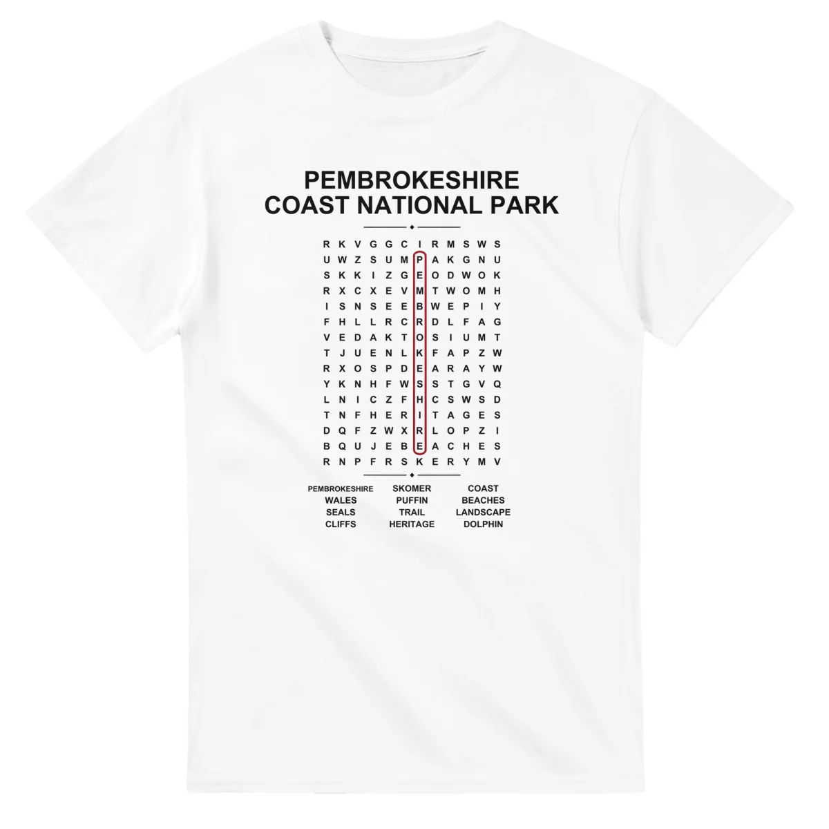 Word-search sheet for Pembrokeshire Coast National Park, with a large place-name heading, a letter grid, a local answer list, and a red highlighted example word.