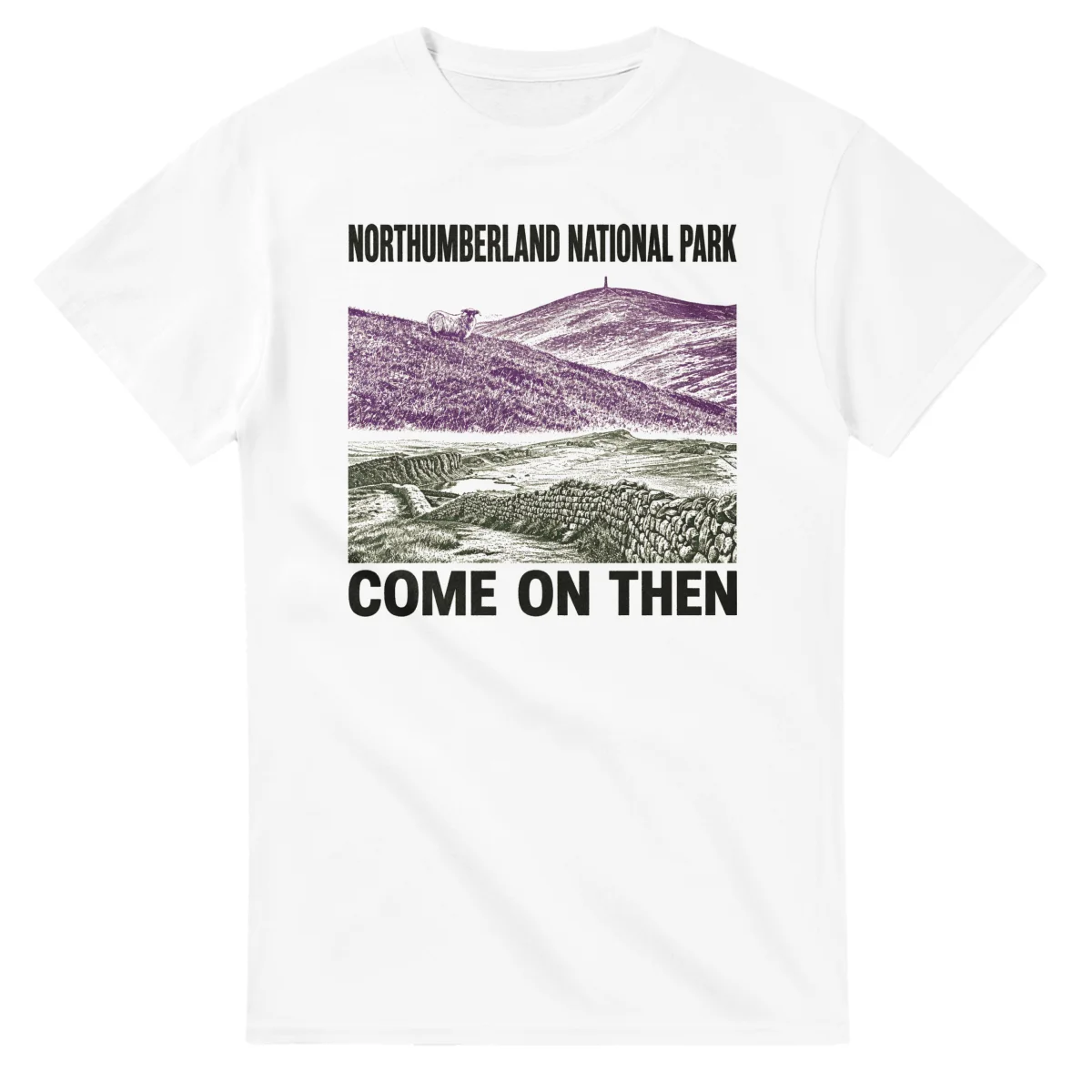 Two-colour scenic illustration for Northumberland National Park, with the place name and COME ON THEN lettering.