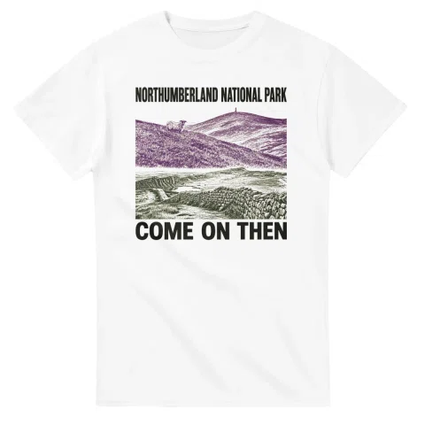 Two-colour scenic illustration for Northumberland National Park, with the place name and COME ON THEN lettering.