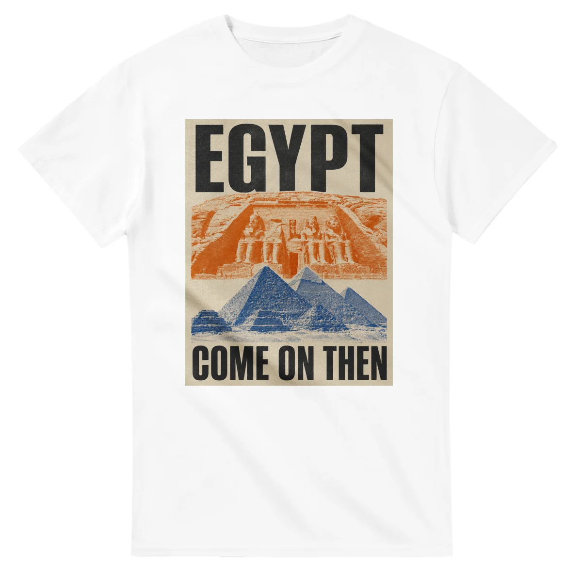 Two-colour scenic illustration for Egypt, with the place name and COME ON THEN lettering.
