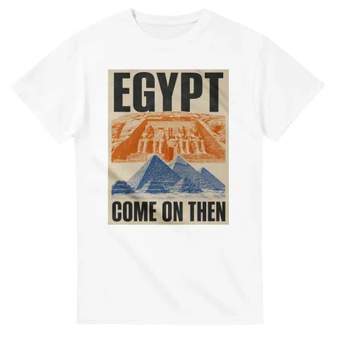 Two-colour scenic illustration for Egypt, with the place name and COME ON THEN lettering.