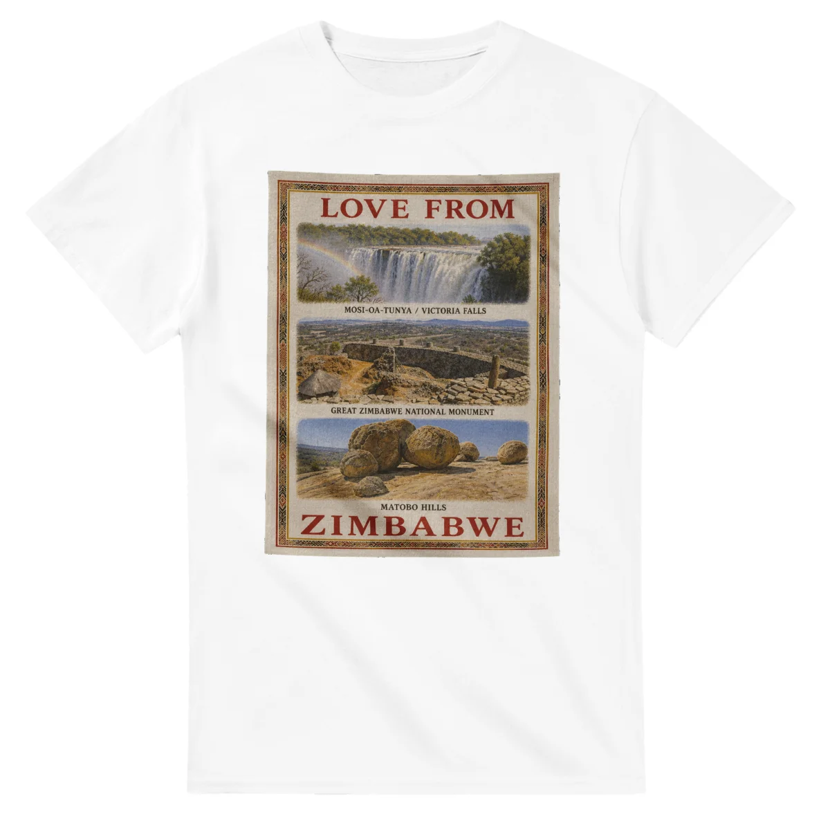 Framed scenic design for Zimbabwe, with several local views, a decorative border and LOVE FROM lettering.