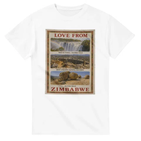 Framed scenic design for Zimbabwe, with several local views, a decorative border and LOVE FROM lettering.
