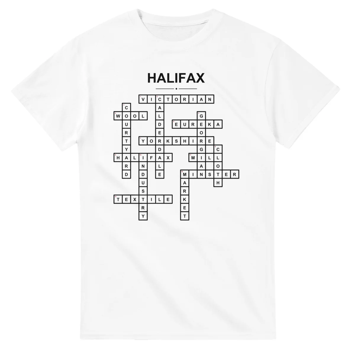 Monochrome crossword sheet for Halifax, with a large place-name heading, a letter grid, and numbered across and down clues.