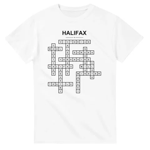 Monochrome crossword sheet for Halifax, with a large place-name heading, a letter grid, and numbered across and down clues.