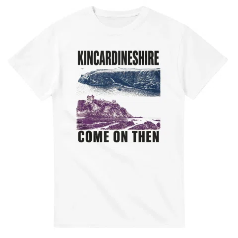 Two-colour scenic illustration for Kincardineshire, with the place name and COME ON THEN lettering.